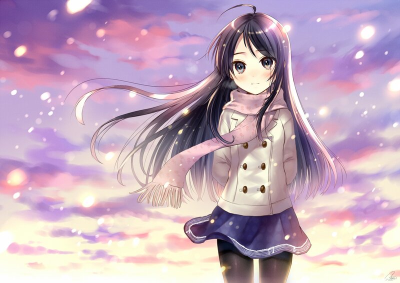 Anime Girl in Winter Coat — Purple, Serene, Digital Art