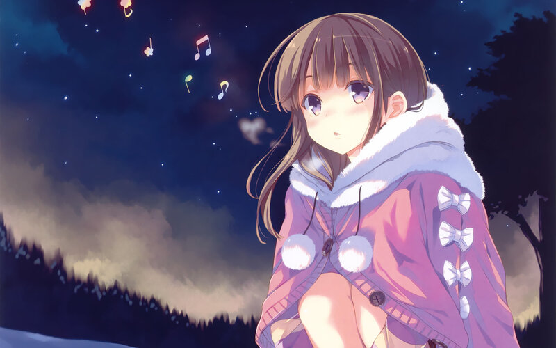 Anime Girl in Winter Coat — Purple, Serene, Night