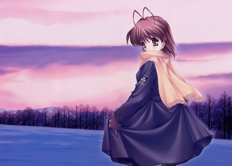Anime Girl in Winter Coat — Purple, Serene, Scarf