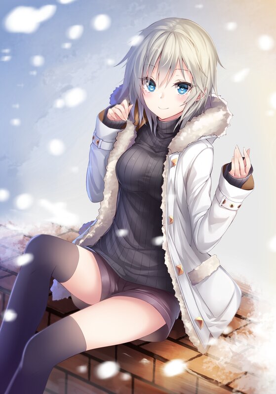 Anime Girl in Winter Coat — White, Calm, Snow, Brick Wall