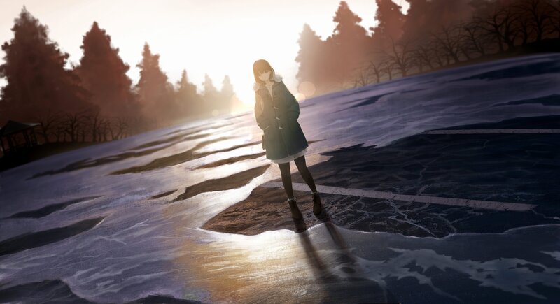 Anime Girl in Winter Coat — White, Serene, Digital Art, Snow