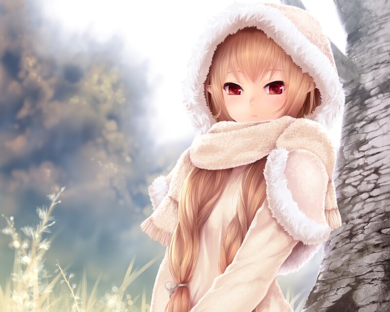 Anime Girl in Winter Coat — White, Serene, Digital Art
