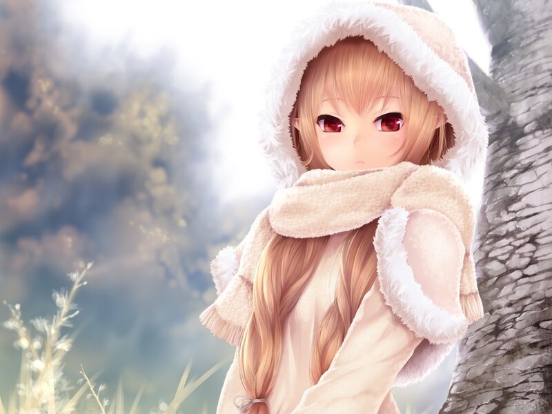 Anime Girl in Winter Coat — White, Serene, Digital Art, Tree, Scarf