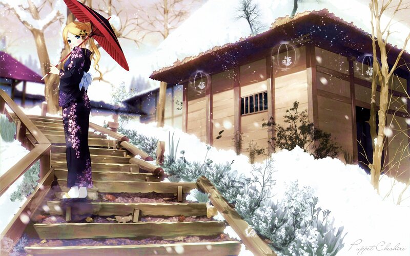 Anime girl in winter kimono