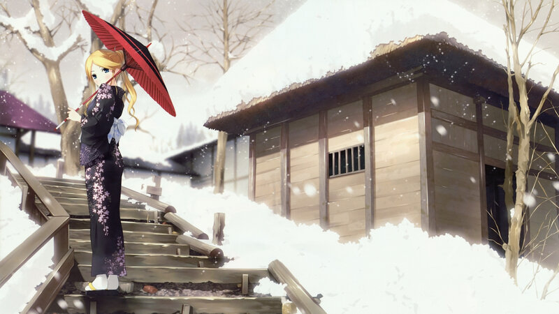 Anime girl in winter kimono