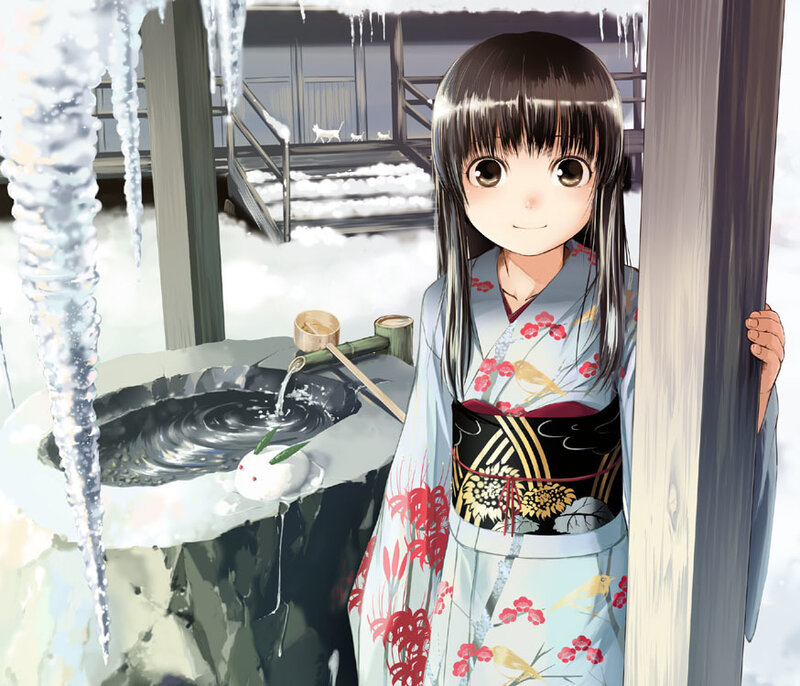 Anime girl in winter kimono