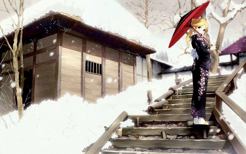 Anime girl in winter kimono