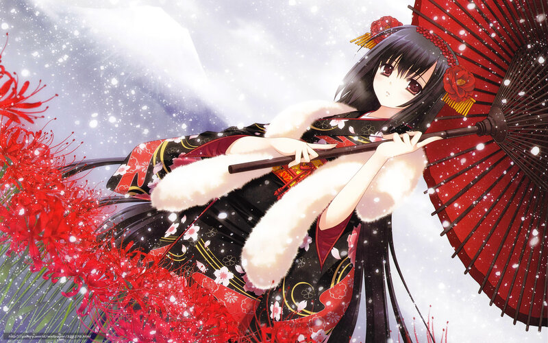Anime girl in winter kimono