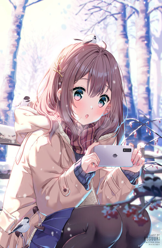 Anime Girl in Winter — Pink, Serene, Digital Art, Bird