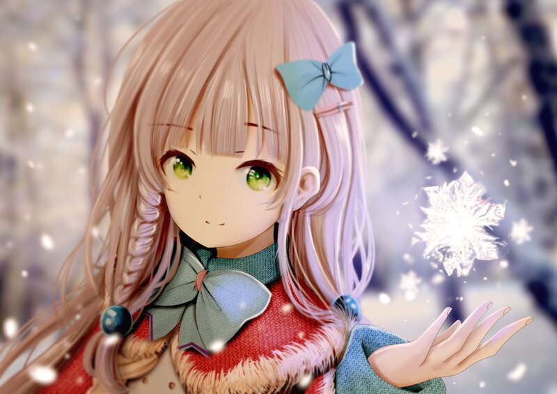 Anime Girl in Winter — Pink, Serene, Digital Art, Snowflake
