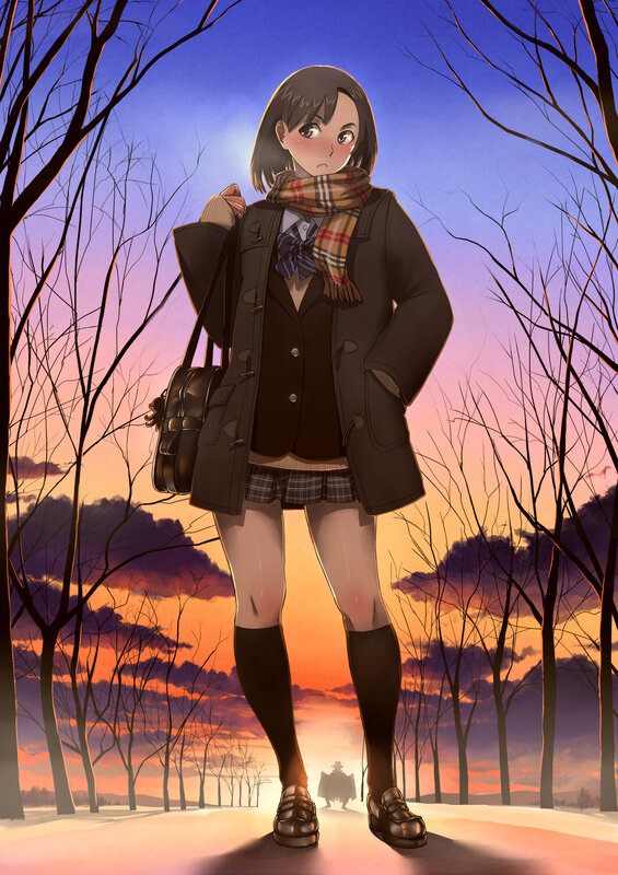 Anime Girl in Winter — Purple, Dramatic, Sunset