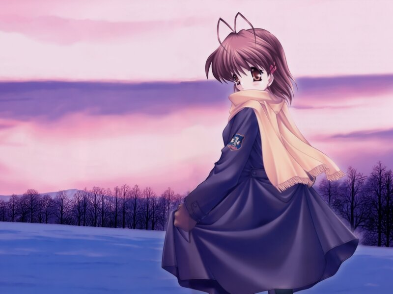 Anime Girl in Winter — Purple, Serene, Scarf, Coat