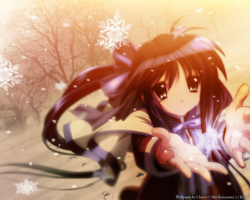 Anime Girl in Winter — Purple, Serene, Snowflakes