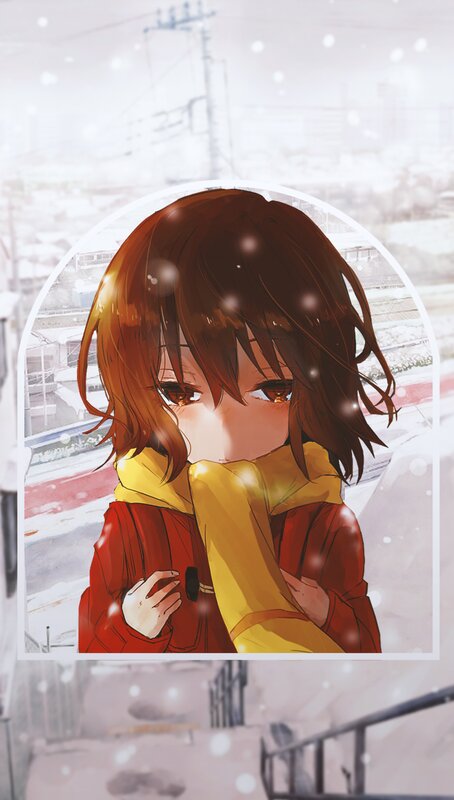 Anime Girl in Winter — Red, Cold, Digital Art