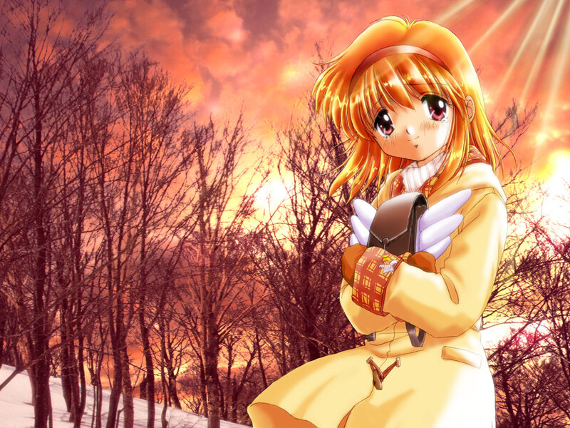 Anime girl in winter sunset