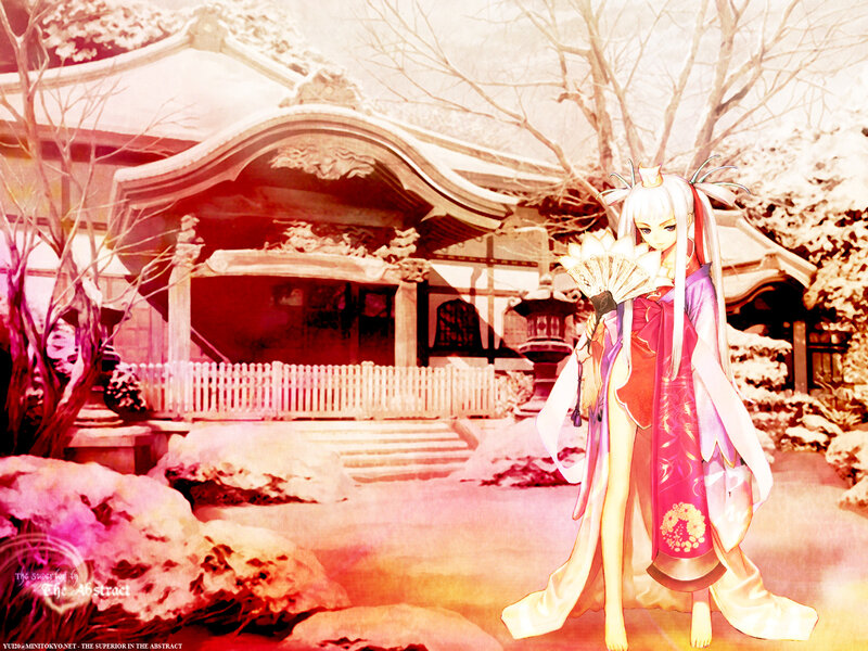 Anime girl in winter temple