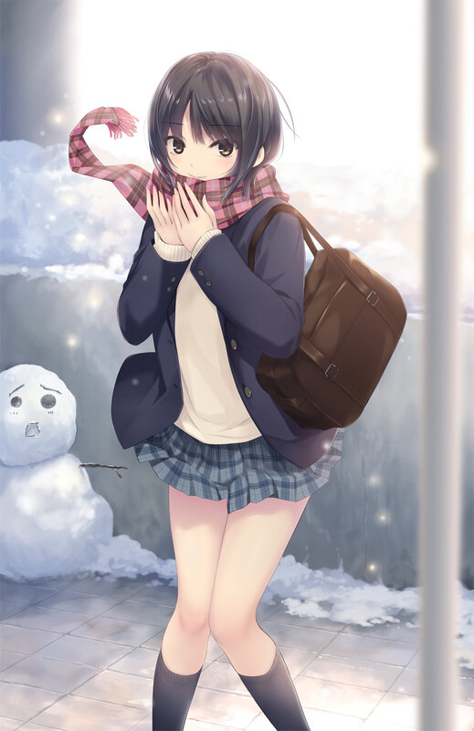 Anime Girl in Winter — White, Calm, Digital Art, Snowman