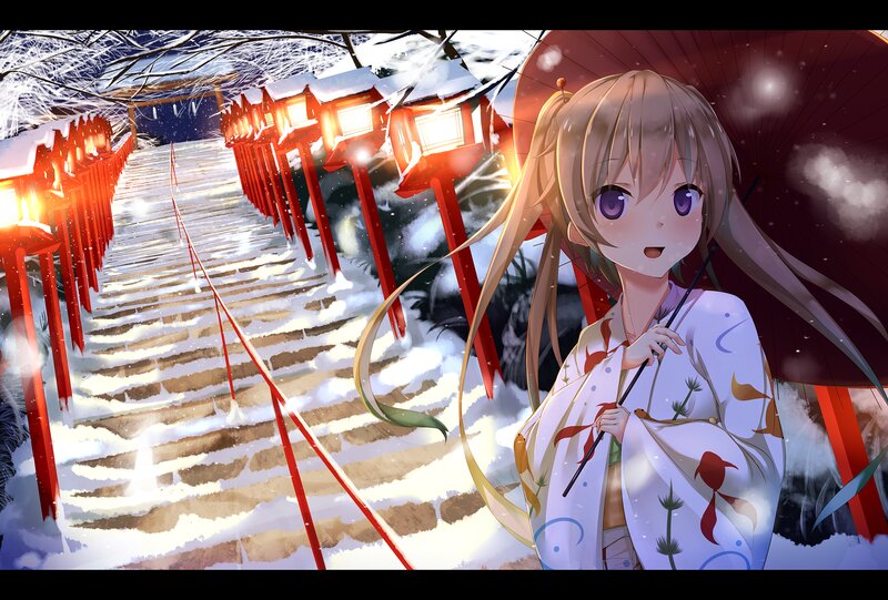 Anime Girl in Winter — White, Serene, Digital Art, Kimono