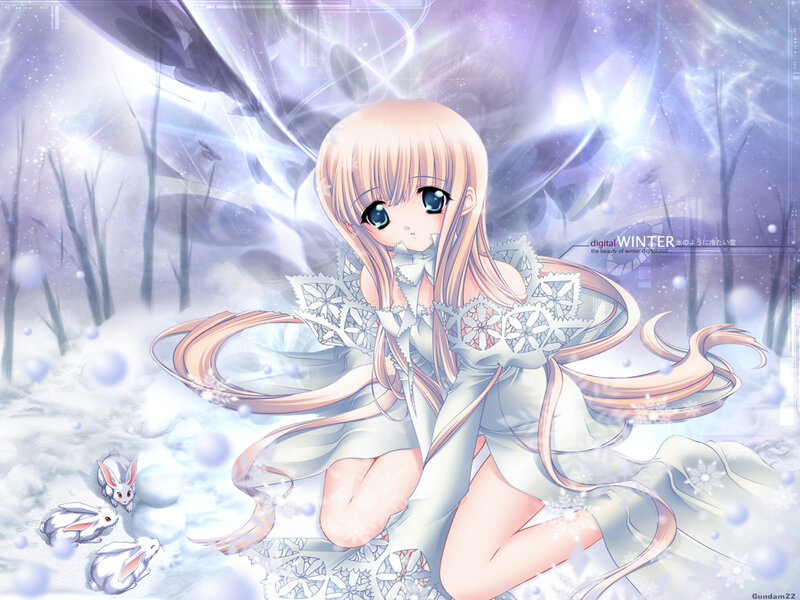 Anime Girl in Winter — White, Serene, Digital Art, Snow, Rabbits
