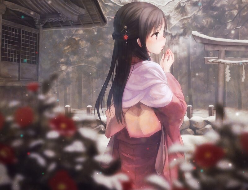 Anime Girl in Winter — White, Serene, Digital Art, Snow, Torii Gate