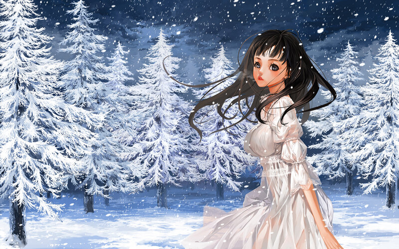 Anime Girl in Winter — White, Serene, Digital Art, Snow, Trees