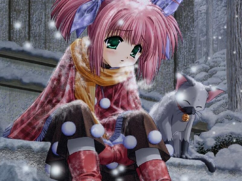 Anime girl in winter with cat