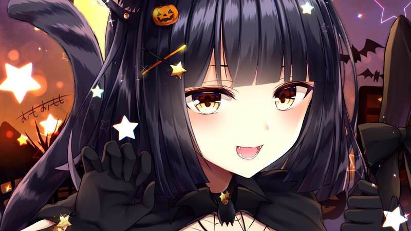 Anime Girl in Witch Costume — Black, Festive, Night, Digital Art