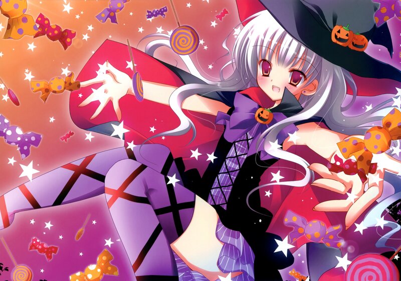Anime Girl in Witch Costume — Purple, Festive, Night, Candy