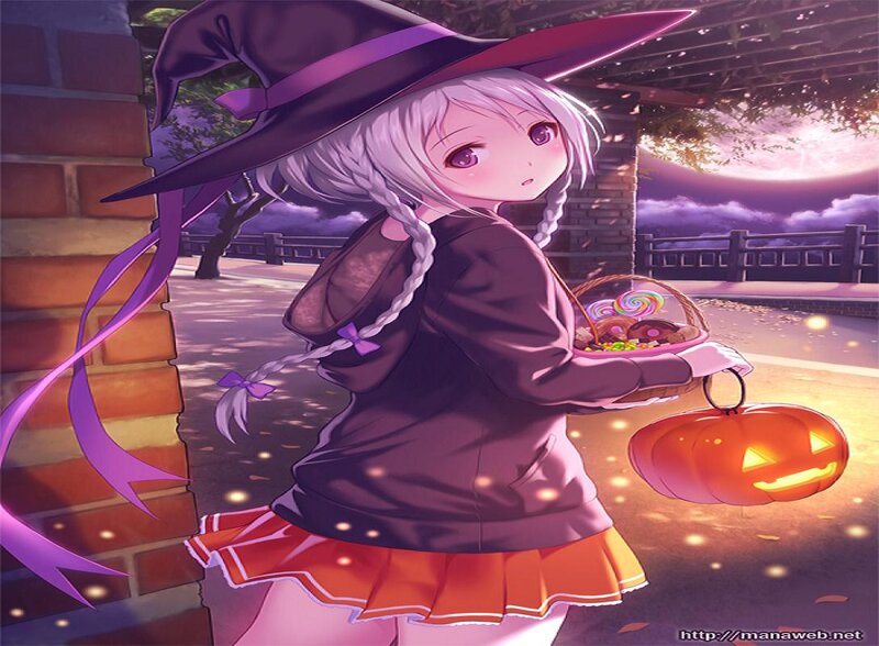 Anime Girl in Witch Costume — Purple, Festive, Night, Digital Art