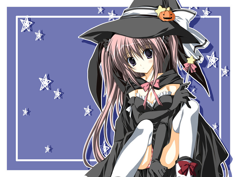 Anime Girl in Witch Costume — Purple, Playful, Night, Witch Hat, Star Background