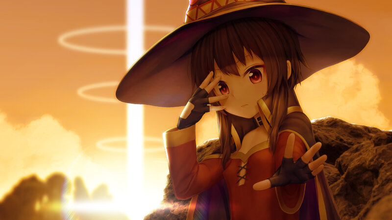 Anime Girl in Wizard Hat — Orange, Dramatic, Sunset