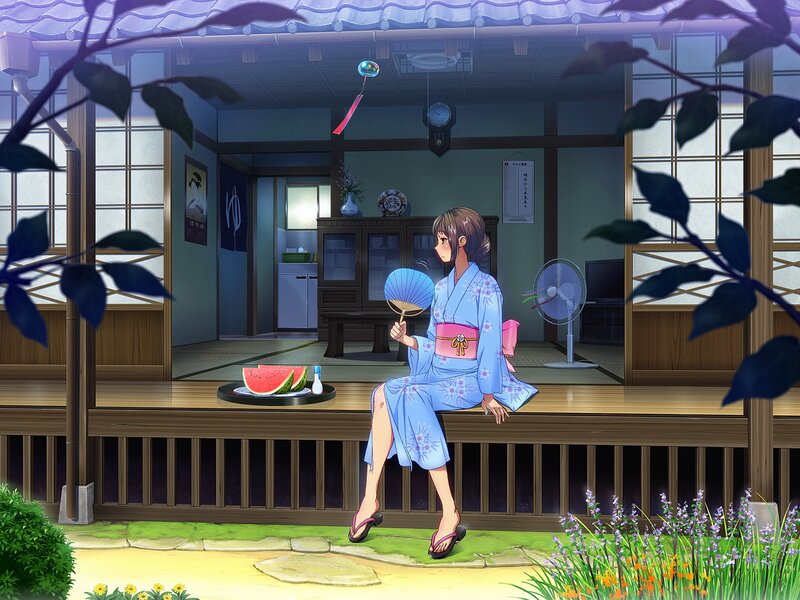 Anime Girl in Yukata — Blue, Serene, Summer