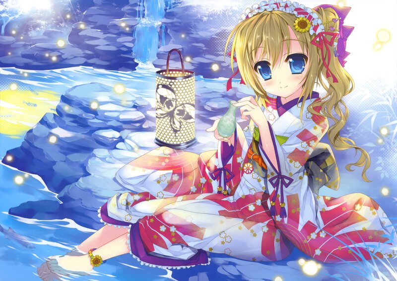 Anime girl in yukata by waterfall