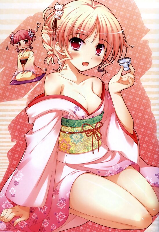 Anime girl in yukata holding cup
