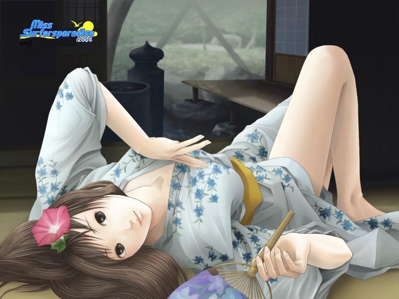 anime girl in yukata lying down