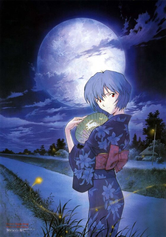 Anime girl in yukata under moonlight