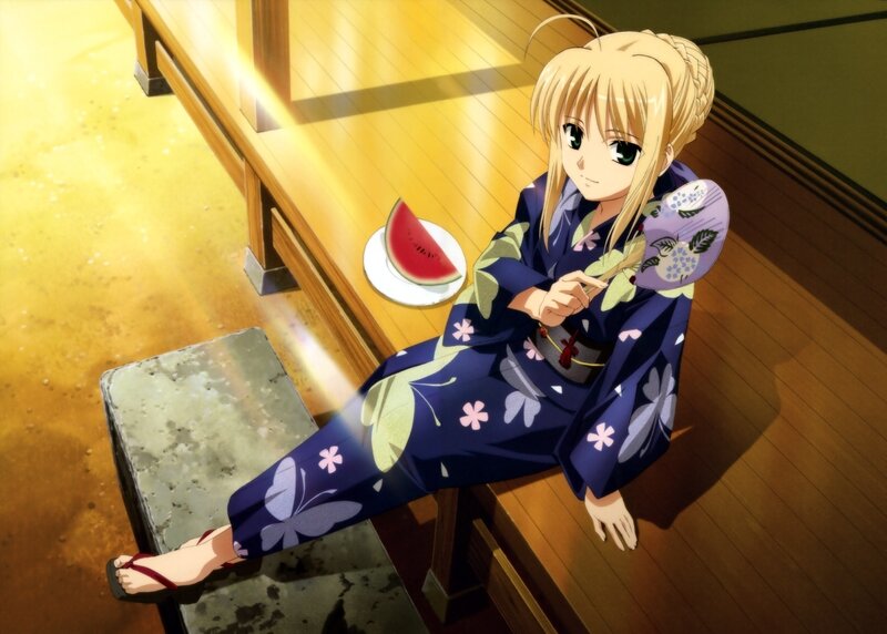 anime girl in yukata with watermelon