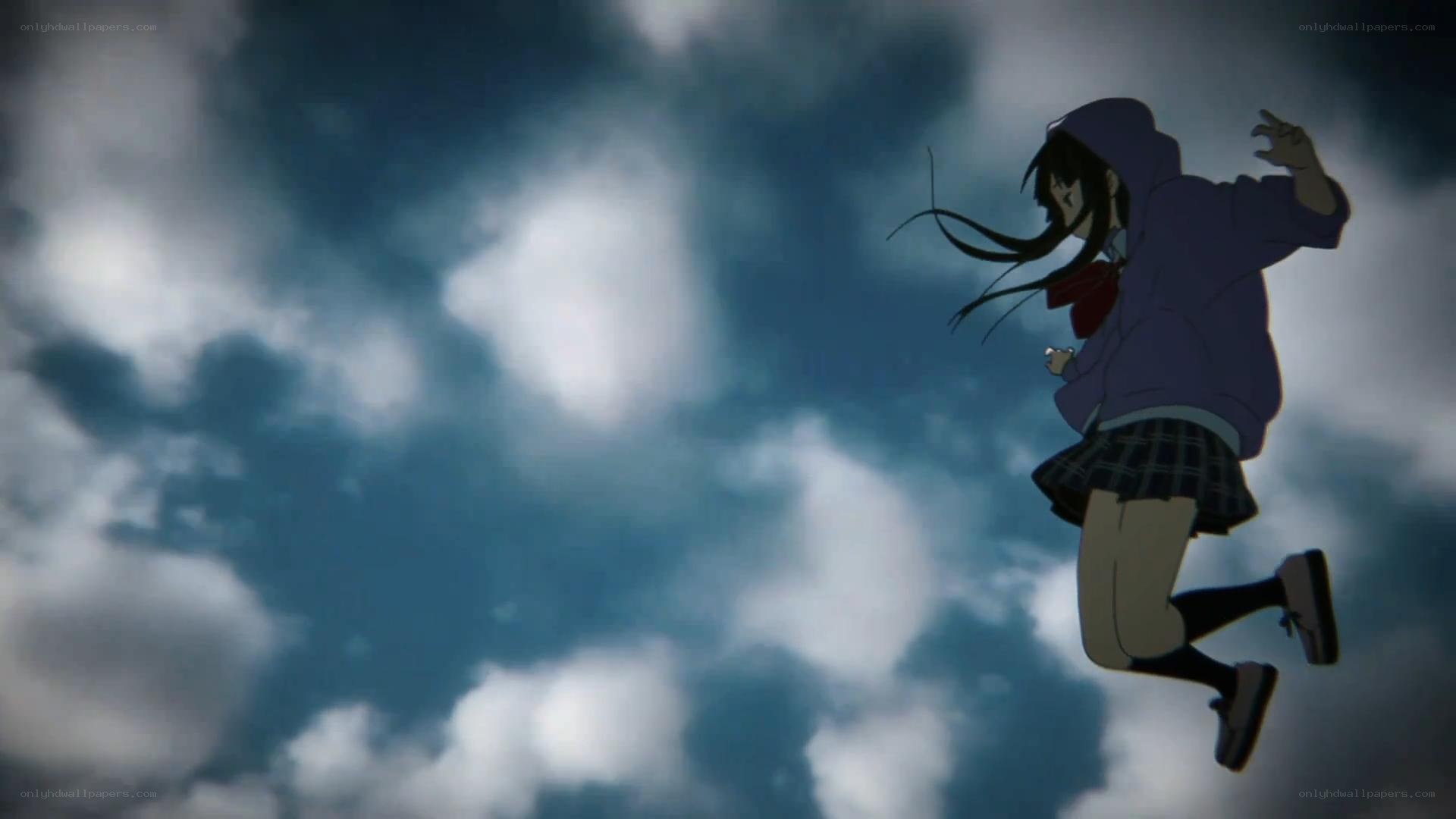 anime girl jumping in sky
