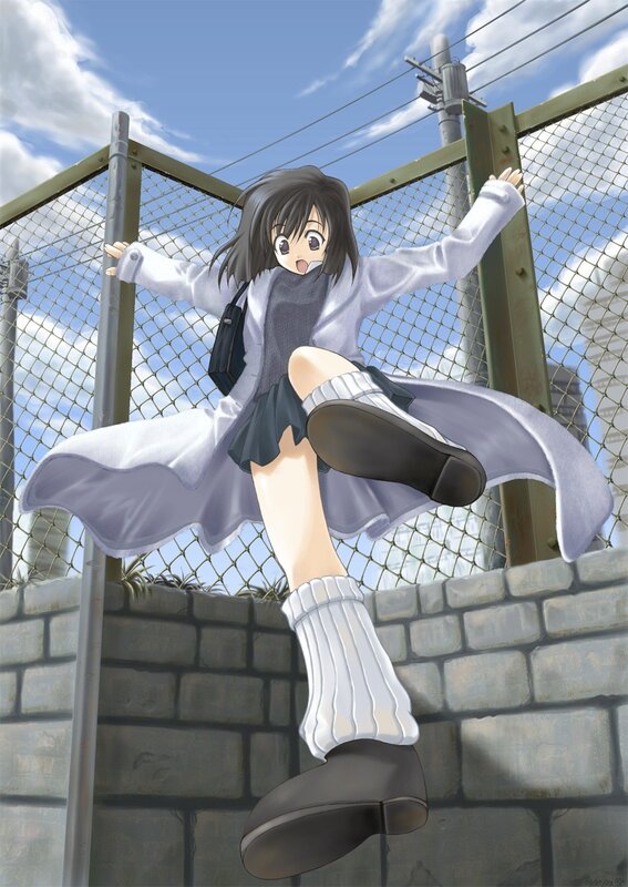 anime girl jumping over fence