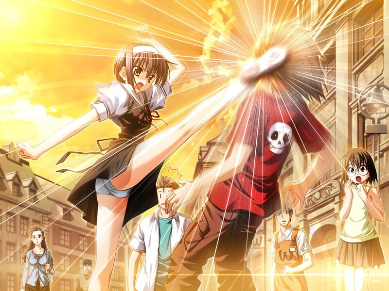 anime girl kicking a man