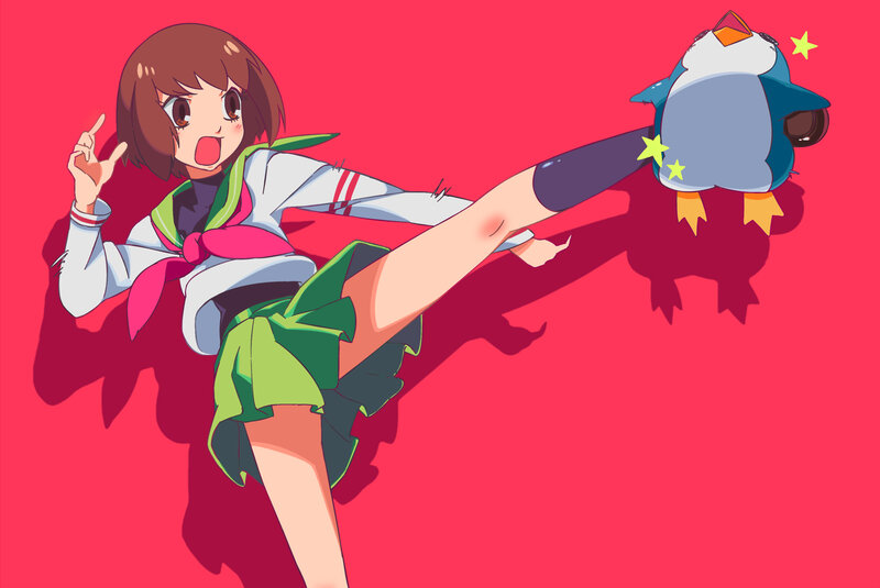 anime girl kicking penguin