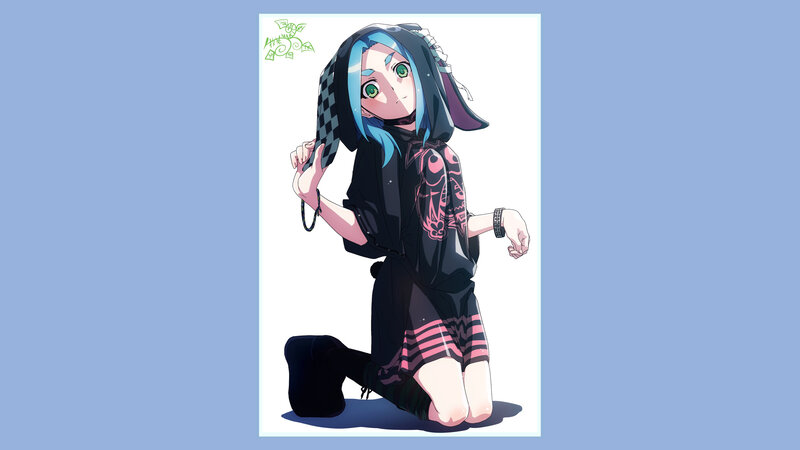 Anime Girl Kneeling — Blue, Neutral