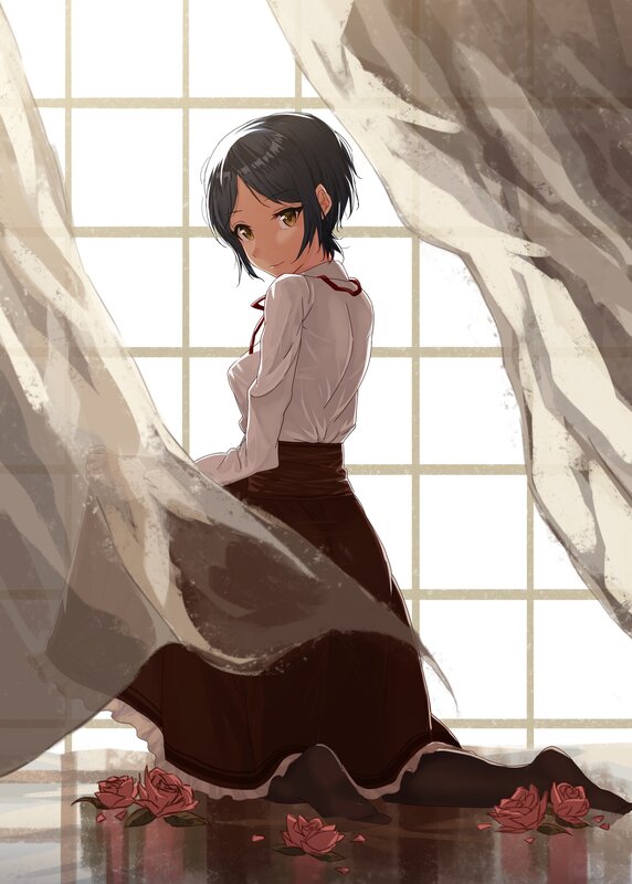 Anime Girl Kneeling — Brown, Serene