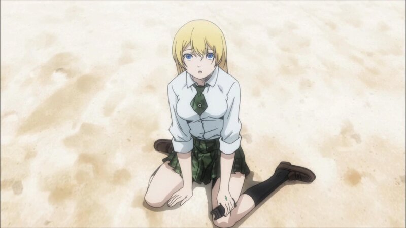anime girl kneeling on sand