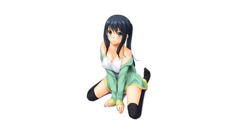 Anime Girl Kneeling — White, Neutral, Green Jacket