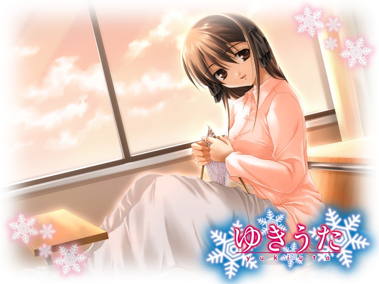 anime girl knitting by window