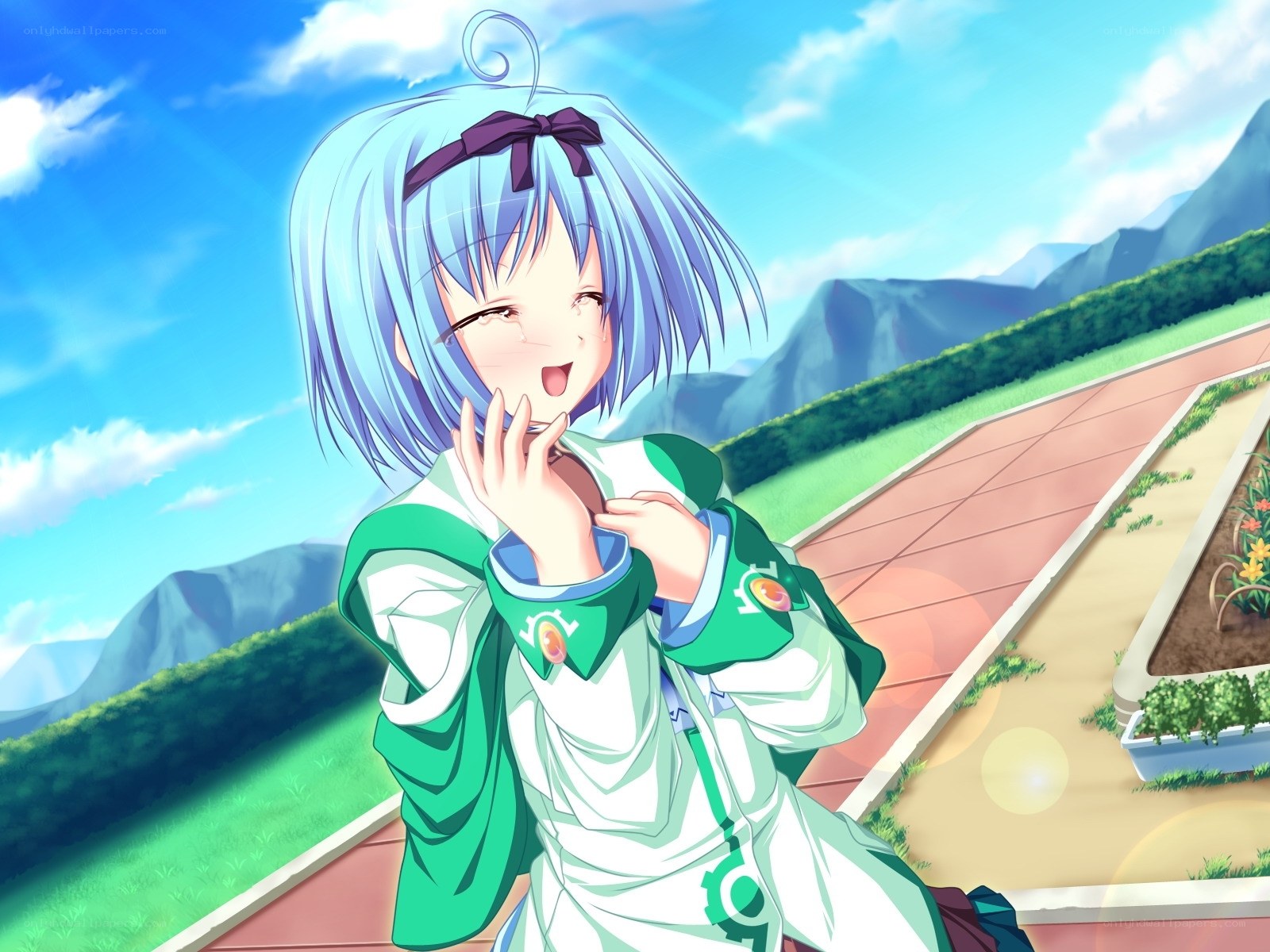 anime girl laughing outdoors