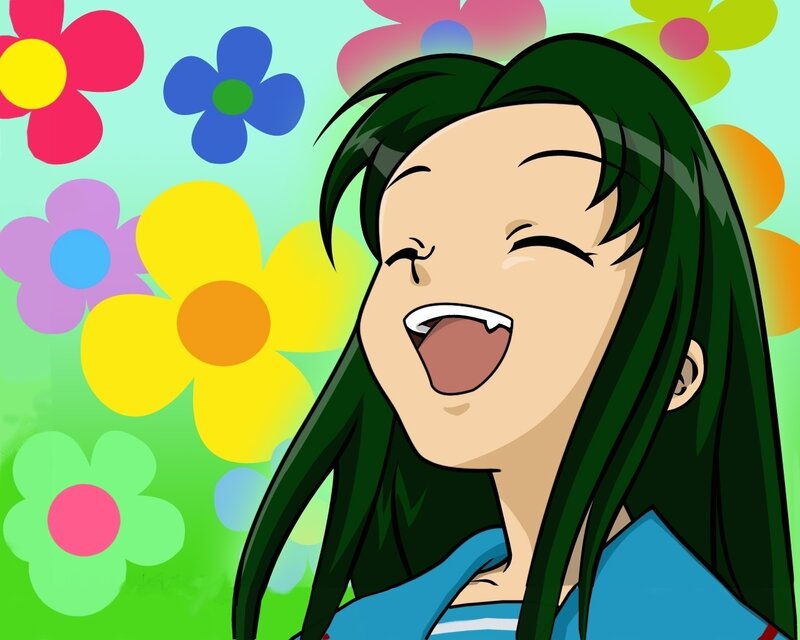 anime girl laughing with flowers