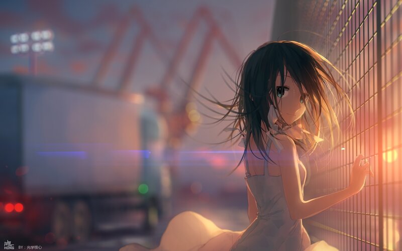 Anime Girl Leaning on Fence