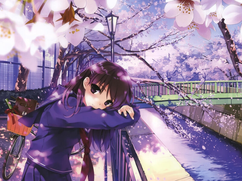 Anime Girl Leaning on Railing — Purple